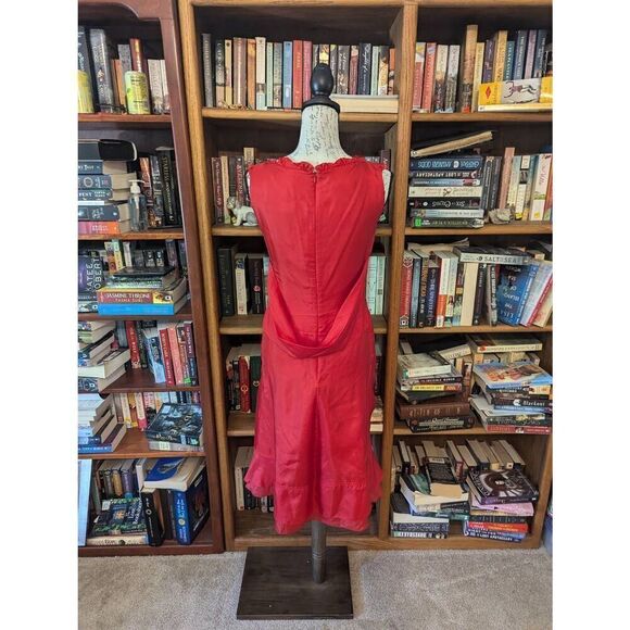 Celine France Size 42 US 10 Red 100% Silk Midi Open Neck Dress Gown Back Zipper - Picture 3 of 7